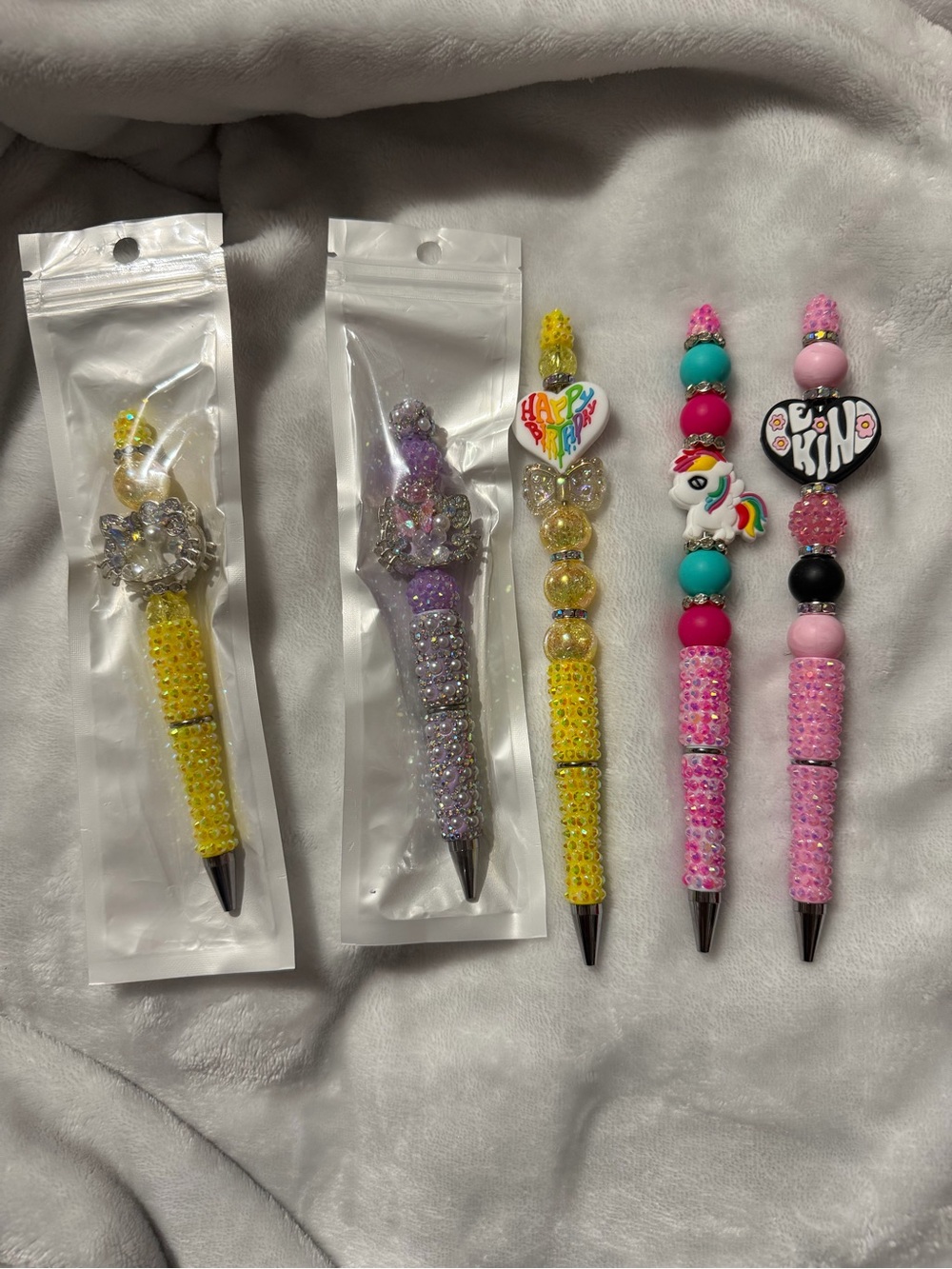 5 Sparkle Bead Pen - Pink, Yellow, Purple - Unbranded